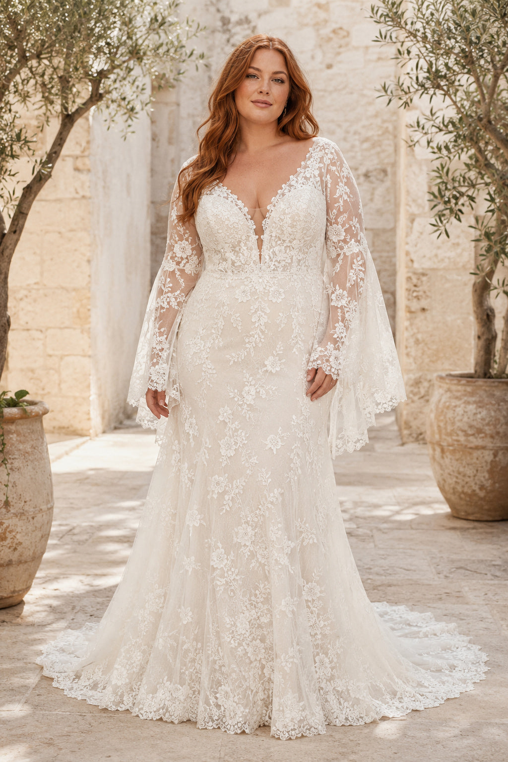 Plus Size Ivory V-Neck Bell Sleeve Lace Tulle Mermaid Wedding Dress