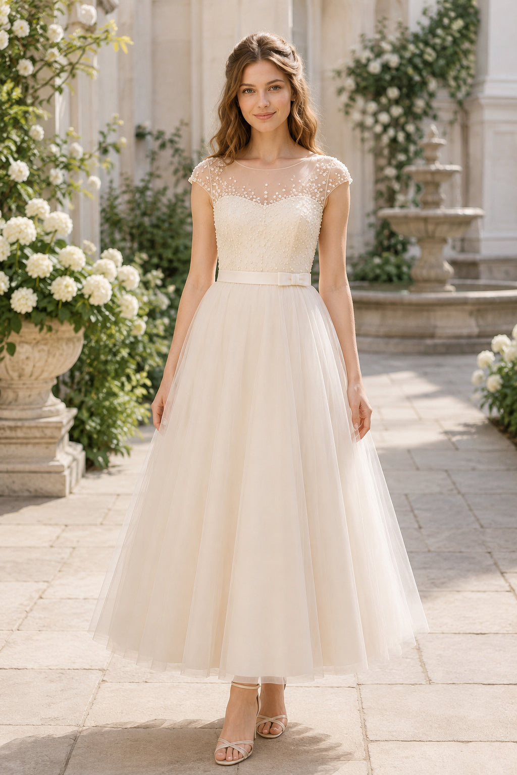 Ivory Lace Cap Sleeve Tea-Length Wedding Dress with Beaded Belt – Ms. Grace