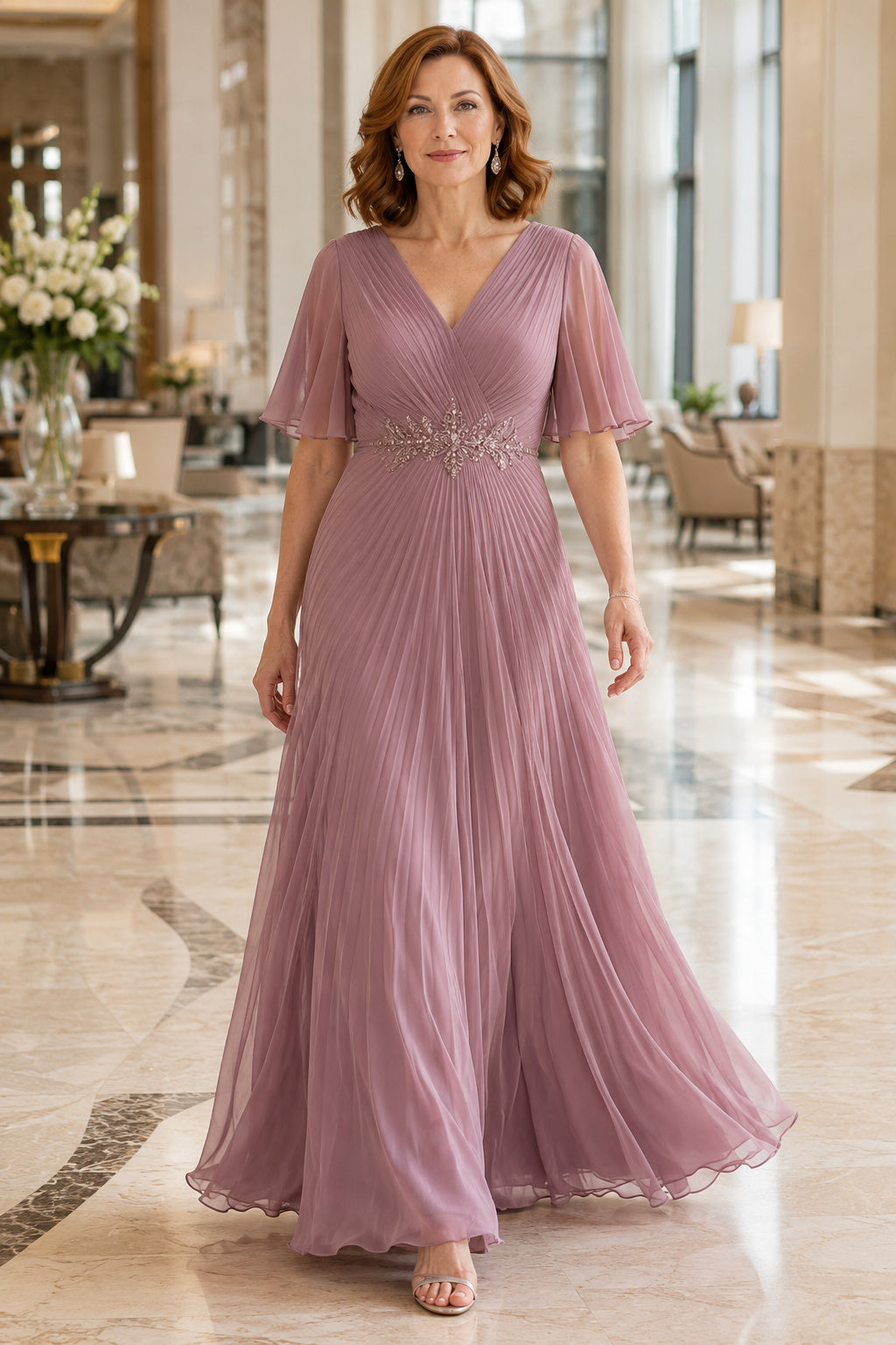Vintage Mauve V-Neck A-Line Mother Dress with Flutter Sleeves – Ms. Grace