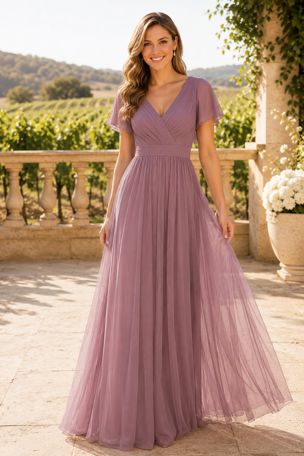 Mauve V-Neck Tulle A-Line Bridesmaid Dress with Flutter Sleeves – Ms. Grace