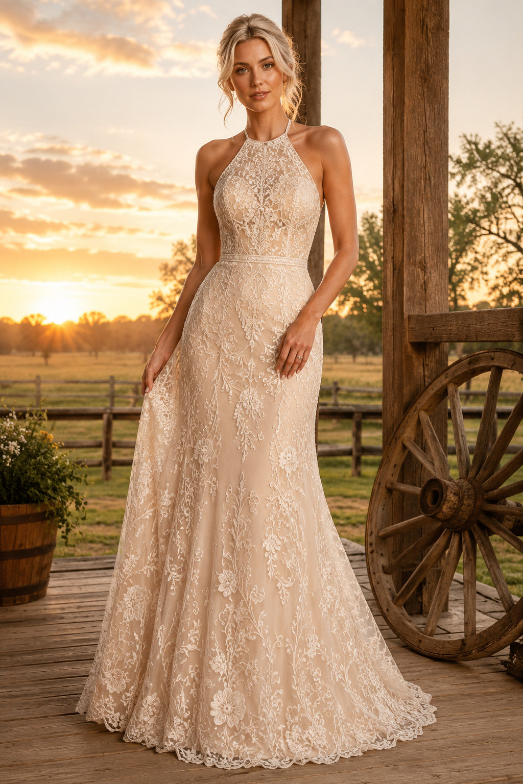 Champagne Halter Mermaid Wedding Dress with High Neck Lace Overlay – Ms. Grace