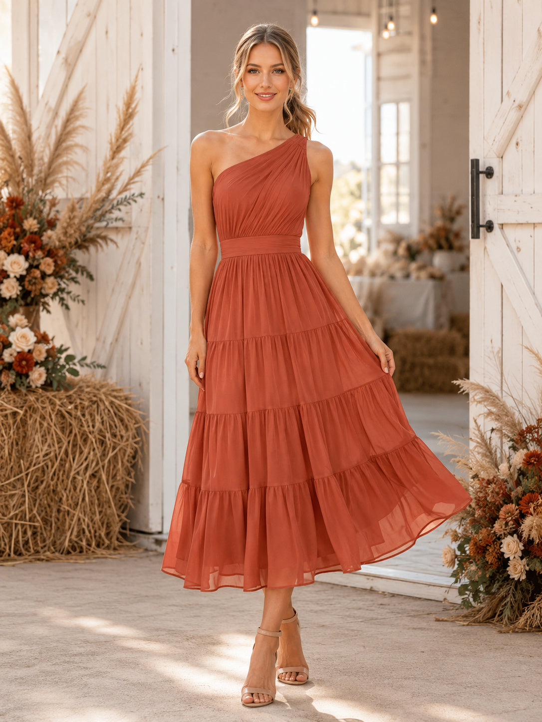 Terracotta One Shoulder Tiered Chiffon Midi Wedding Guest Dress – Ms. Grace