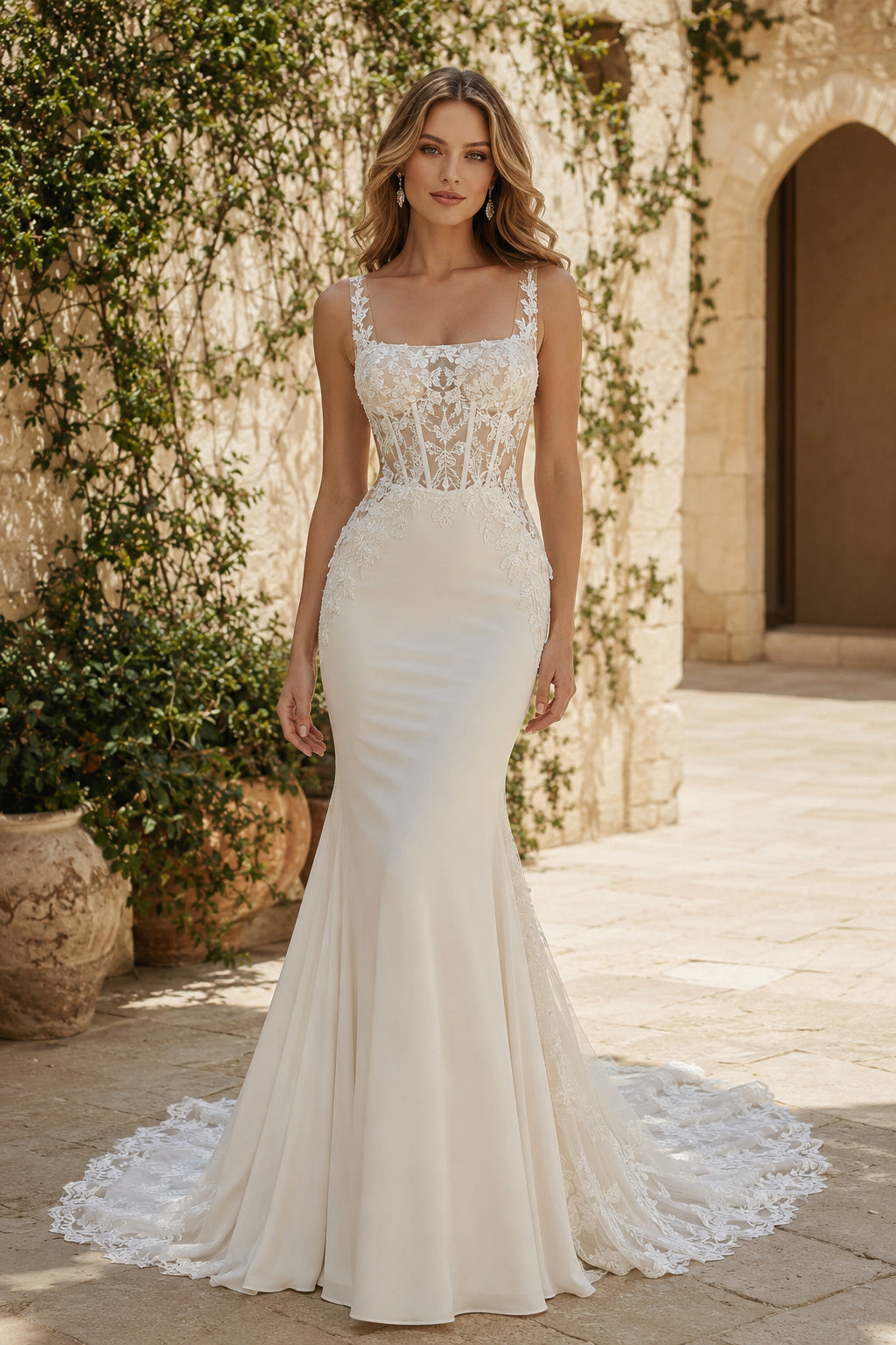 Ivory Modern Square Neck Mermaid Satin Lace Wedding Dress