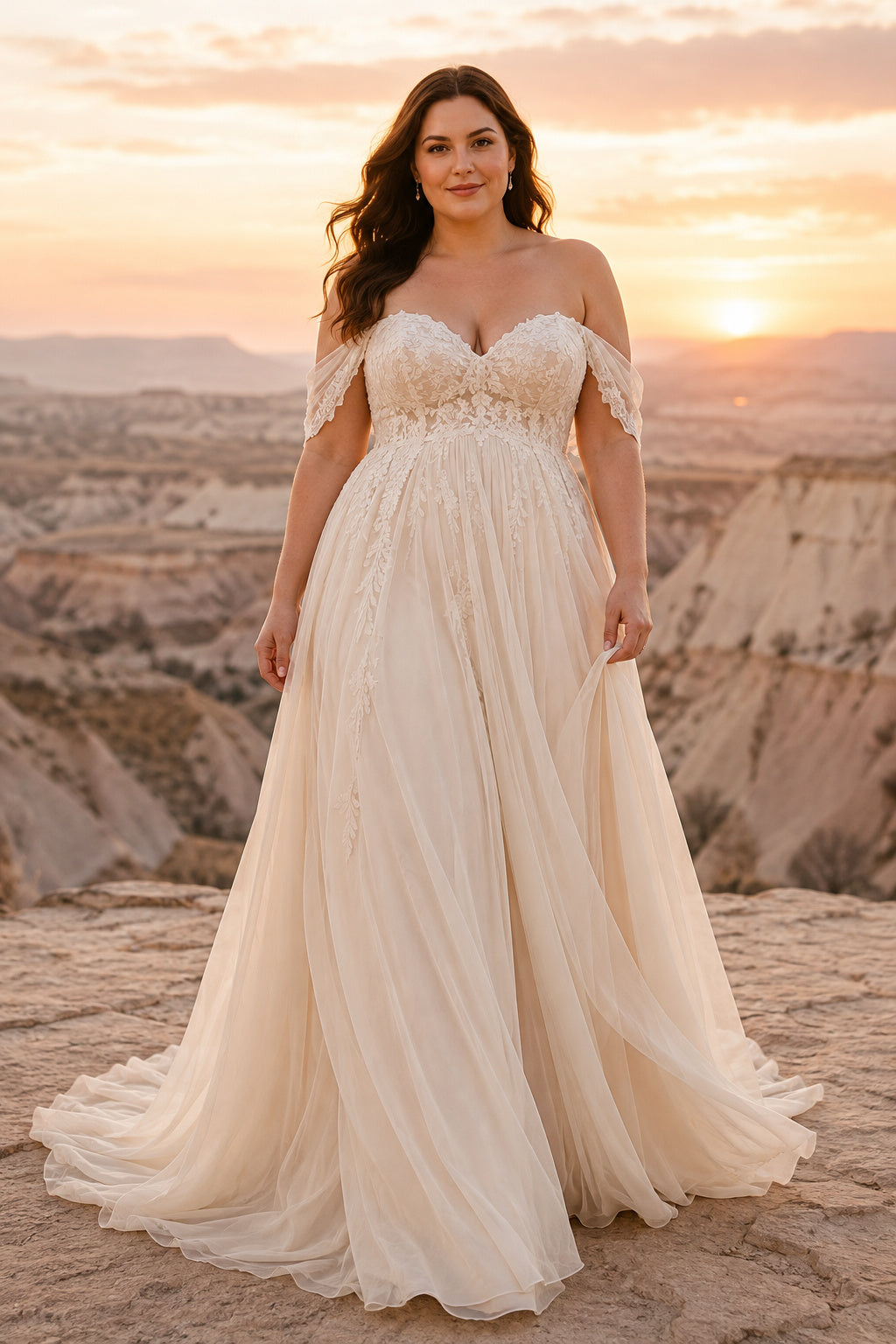 Plus Size Champagne Off-the-Shoulder Sweetheart Flutter Sleeve Lace – Ms. Grace