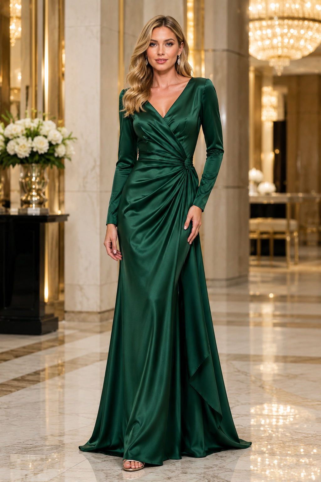 Dark Green Long Sleeve V Neck Satin Wrap Evening Gown With Side – Ms. Grace