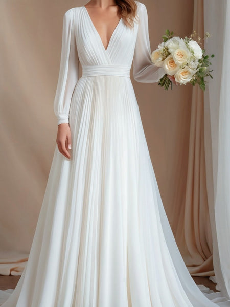 Simple Long Sleeve A Line V-neck Chiffon Wedding Dress with Train