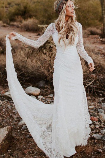 Satin Floor-length Chapel Train Bodycon Long Sleeve Vintage Wedding Dr   Ms. Grace