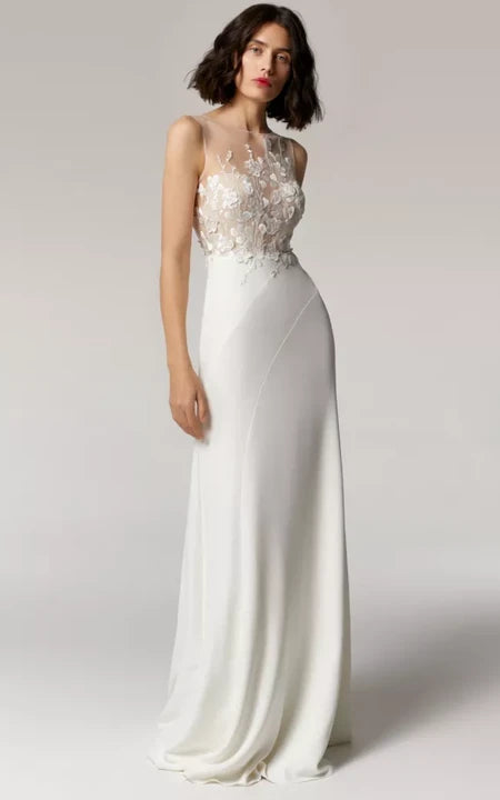 Casual Sleeveless Bateau-neck Sheath Chiffon Wedding Dress with Illusi   Ms. Grace