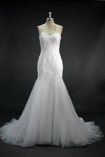 Robe sirène en dentelle et tulle avec perles et paillettes