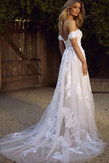 Vestido de boda sin mangas de tren en el piso informal fuera del hombro con aplicaciones con apliques
