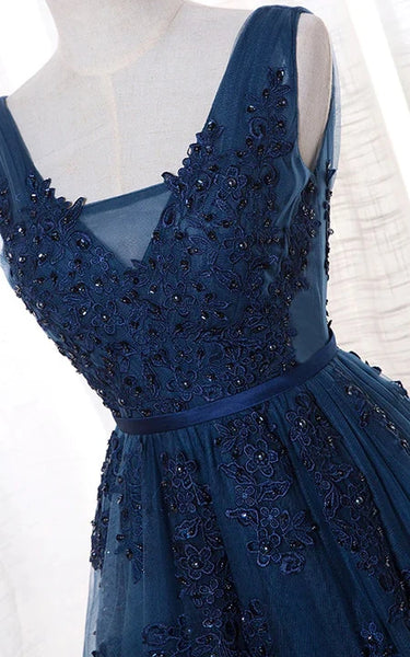 Dark Navy Empire sin mangas plisado Tulle Tulle Prom | Vestido de dama de honor