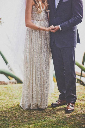 Strapa glamorosa Spaghetti Dress de novia sin mangas lentejuelas hasta el suelo