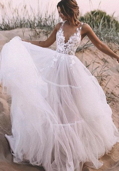 Robe de mariée simple à col en V en dentelle et tulle, longueur au sol, sans manches, avec appliques