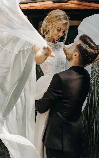 Vestido de novia de la gorra de cuello de cuello de chifón de cuello de cuello de encaje