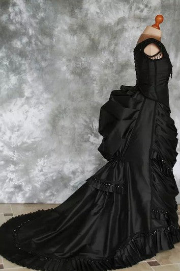 Tafeta A-Line Bateau Manga corta Vestido de boda de tren de barrido hasta el suelo con volantes Ruchecing y niveles