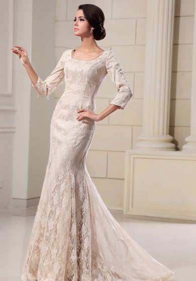 Vestido de sirena de manga larga de cuello cuadrado con apliques de encaje