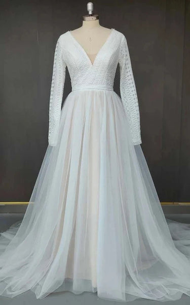 Boho | Vestido de boda a línea de encaje sin espalda y manga A-line