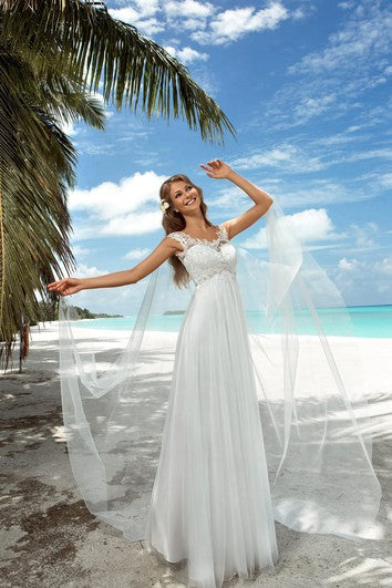 Robe trapèze en tulle à encolure dégagée, manches courtes, dos corset, longueur au sol, avec appliques et perles