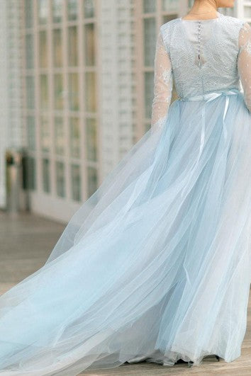 Tul de tul de boda con corpiño de encaje con mangas de encaje diseñadores de boda de boda boda azul de novia de novia azul