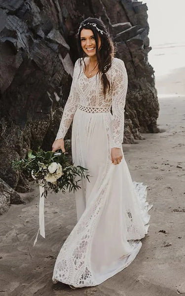 Vestido de boda de manga larga Empire Boho Lace Beach Empire de manga larga
