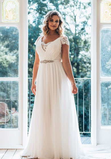 Robe trapèze en mousseline de soie, longueur au sol, col en V, manches courtes, traîne, dentelle illusion