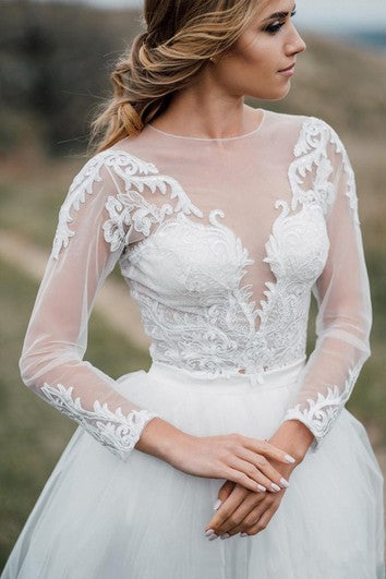 Increíble vestido de novia de tren de dos piezas de dos piezas con botón