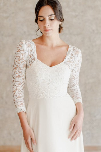Encaje casual Una línea hasta el tobillo de 3/4 manga de longitud queen Anne Vestido de novia