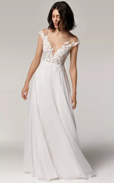 Vestido de boda de vaina simple de gasa con apliques de encaje con apliques de encaje