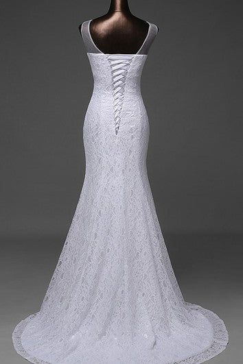 Trumpet V-Neck Sleeveless Beading Sweep Train Lace-Up Back Lace Dress