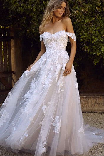 Vestido de boda sin mangas de tren en el piso informal fuera del hombro con aplicaciones con apliques