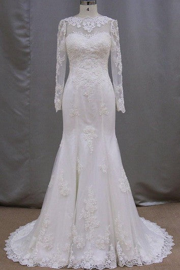 Robe sirène à manches longues et col haut en dentelle avec dos lacé