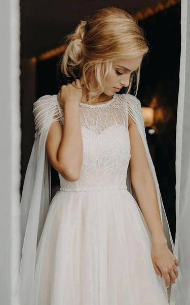 Vestido de novia de la gorra de cuello de cuello de chifón de cuello de cuello de encaje