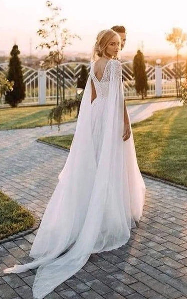 Vestido de novia de la gorra de cuello de cuello de chifón de cuello de cuello de encaje