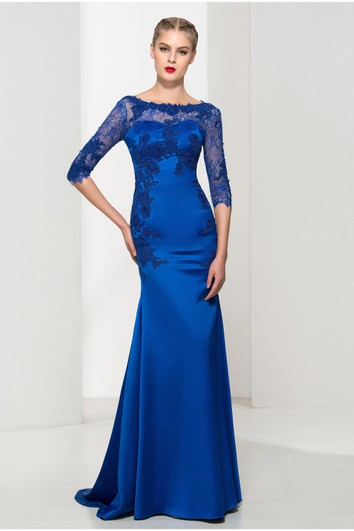 Elegantes Meerjungfrau-Kleid im U-Boot-Stil aus Satin und Tüll mit halblangen Ärmeln und tiefem V-Ausschnitt am Rücken