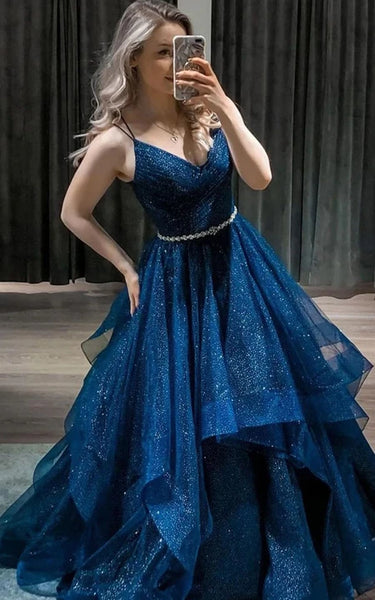 Spaghetti Criss-Cross A-Line Ball Vestina de tul Tulle Sequin Dress con cintura con cuentas