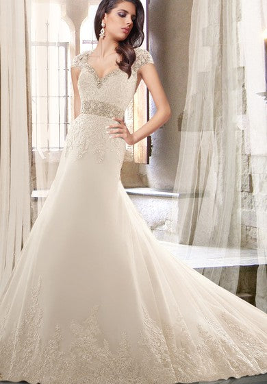 Vestido de novia con cuentas de cuello de reina Ana con tren de capilla