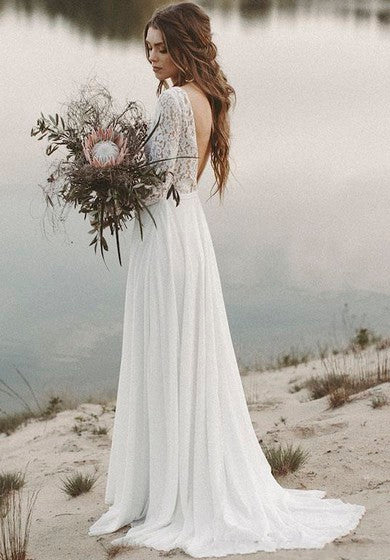 Robe de mariée trapèze simple à manches longues avec dentelle et col en V