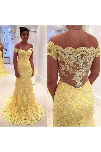 Vestido de noche de encaje amarillo moderno Mermaid fuera del hombro