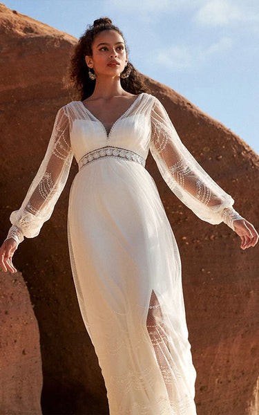 Boho V-neck Illusion Long Sleeve Tulle Wedding Dress with Front Split and Low-v Back
