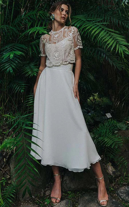 Vintage Two Piece Short-sleeve Tea-length Chiffon Wedding Dress with L – Ms. Grace