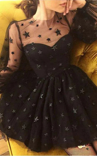 Black Illusion Tulle Stars Sorth A-Line Cocktail Vestido