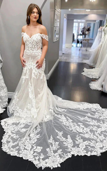 Vestido de novia elegante de encaje fuera del hombro con tren de la corte