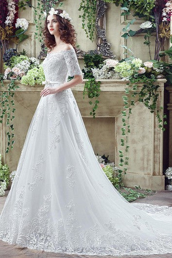 Elegantes aplicaciones de encaje fuera del hombro Vestido de novia Bownot Lace-up