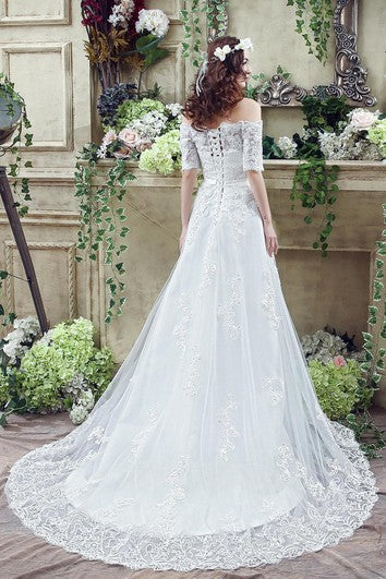 Elegantes aplicaciones de encaje fuera del hombro Vestido de novia Bownot Lace-up