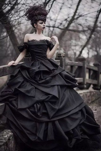 Tafeta de vestidos de pelota fuera del hombro vestido de novia sin mangas hasta el suelo con volantes en cascada y ruchabe