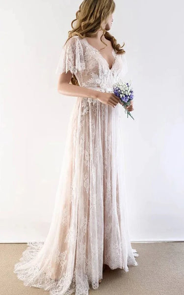 Vestido de novia de encaje del imperio plisado de manga corta de cuello en V