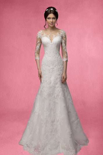Langes Meerjungfrauenkleid mit 3–4 Ärmeln, Illusionsspitze und Applikationen