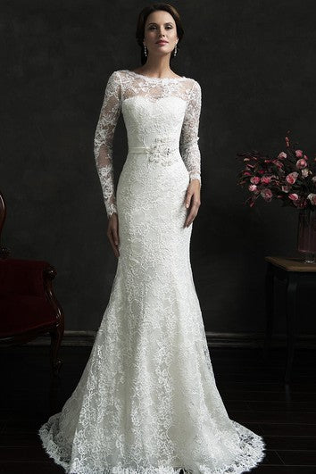 Robe sirène courte à manches longues avec appliques de chauve-souris illusion et traîne illusion en dentelle dos nu