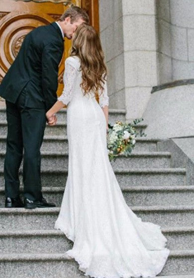 Vestido de boda de encaje de manga larga casual