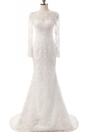 Robe sirène à manches longues en dentelle avec broderies illusion